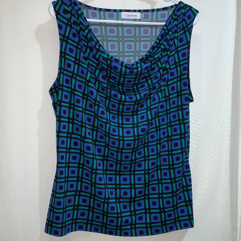 XL Calvin Klein Blue and Green Geometric Blouse